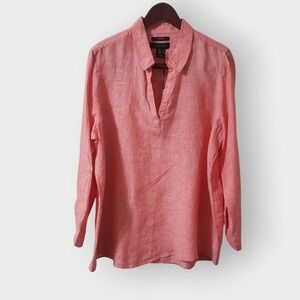 NWT Tahari Womens 1X Coral Pink 100% Linen Long Sleeve Button Back Tunic Shirt
